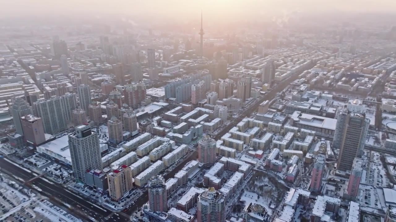 中国黑龙江哈尔滨城市雪景风光航拍视频素材