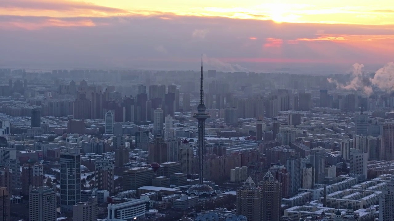 中国黑龙江哈尔滨城市雪景风光航拍视频素材