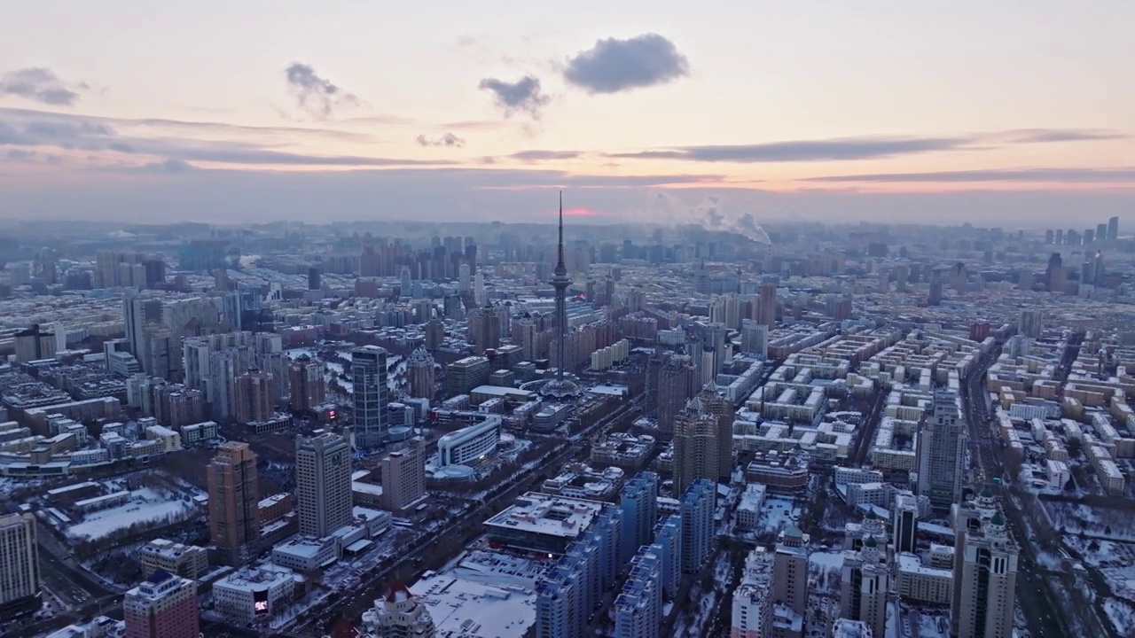 中国黑龙江哈尔滨城市雪景风光航拍视频素材