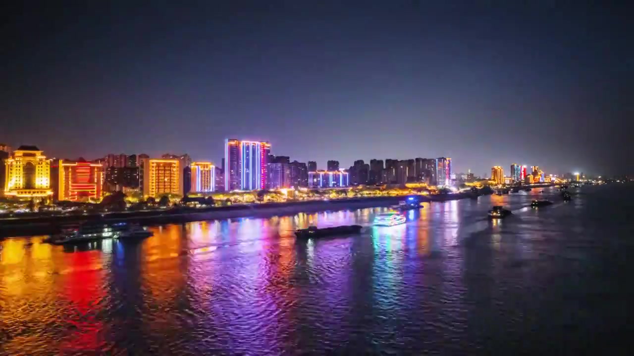 浔阳江畔夜景航拍延时视频素材