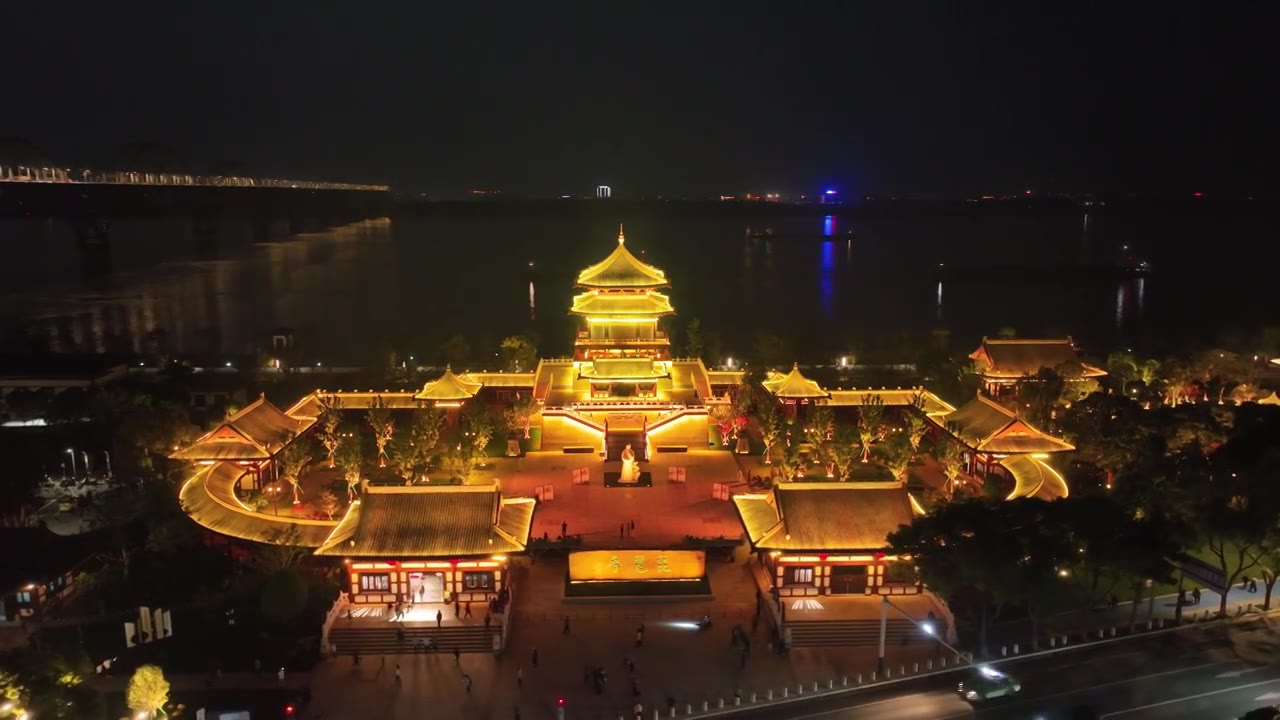 九江琵琶亭夜景环绕航拍视频视频素材