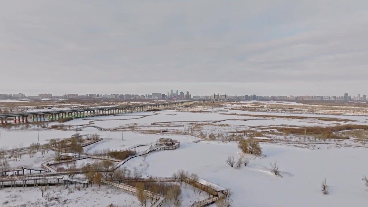 中国黑龙江哈尔滨阳明滩大桥雪景航拍视频素材