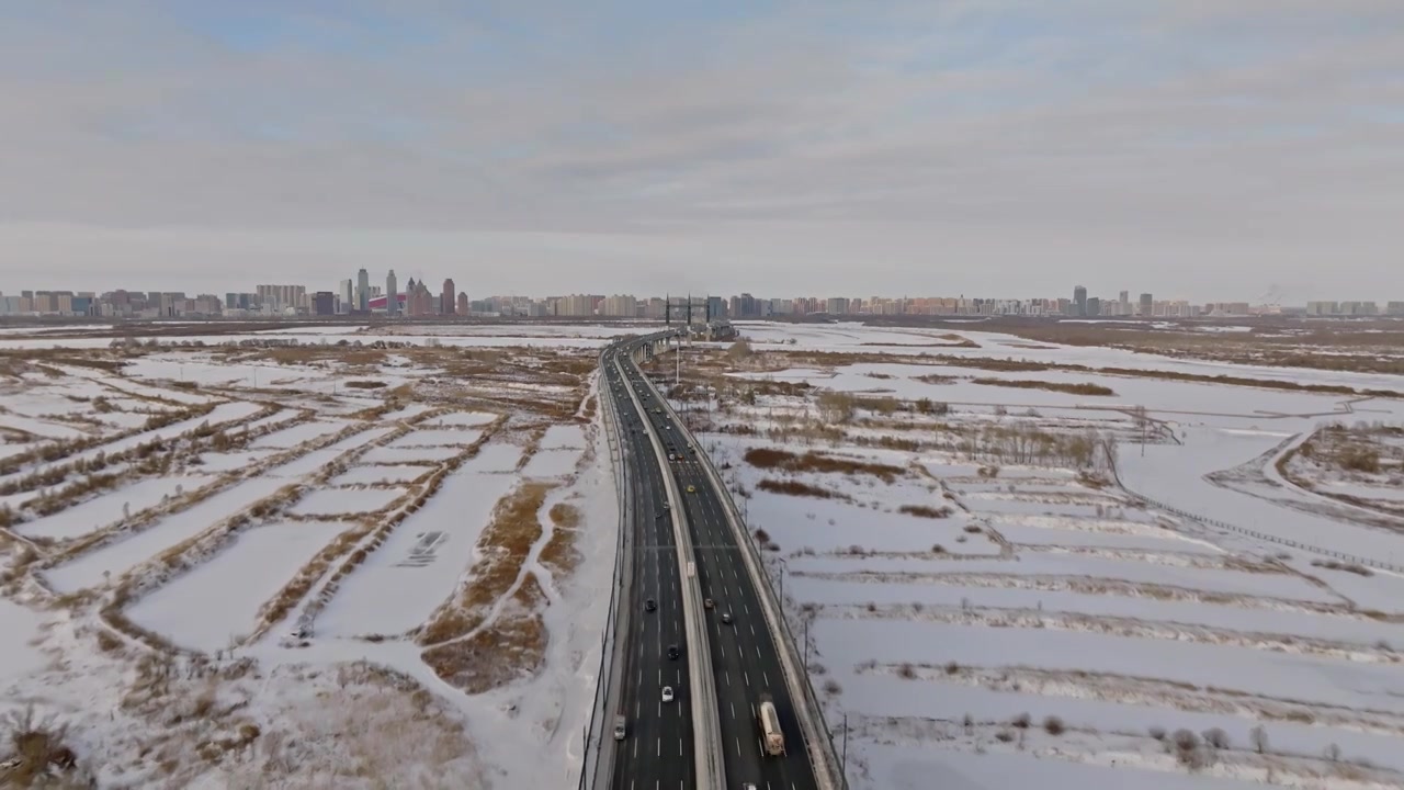 中国黑龙江哈尔滨阳明滩大桥雪景航拍视频素材