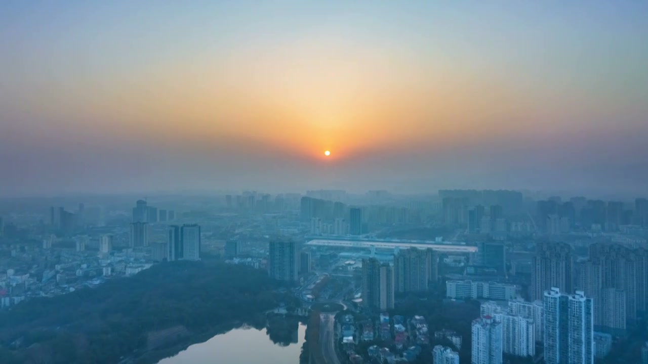 九江日出冬日城景航拍延时视频素材