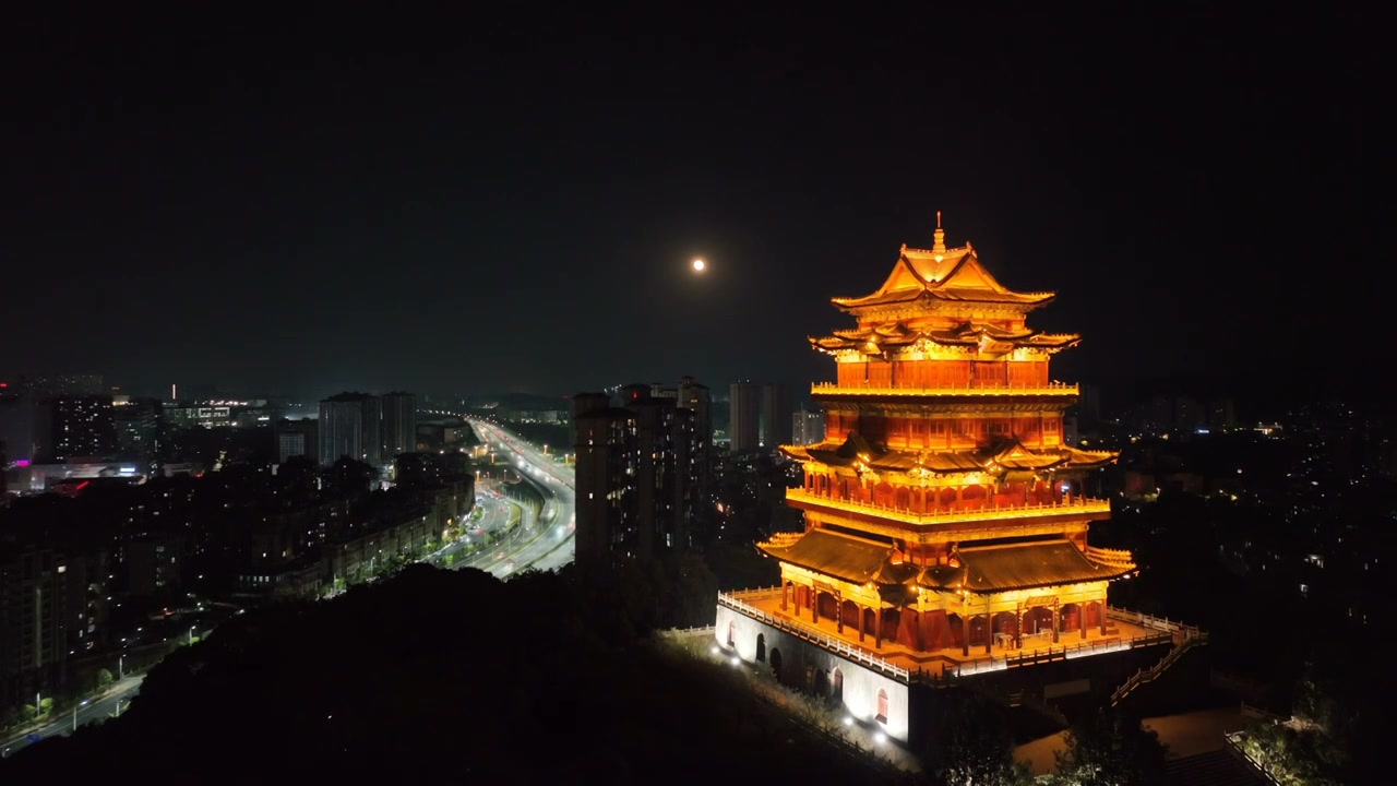 九江德化楼夜景悬停航拍视频素材