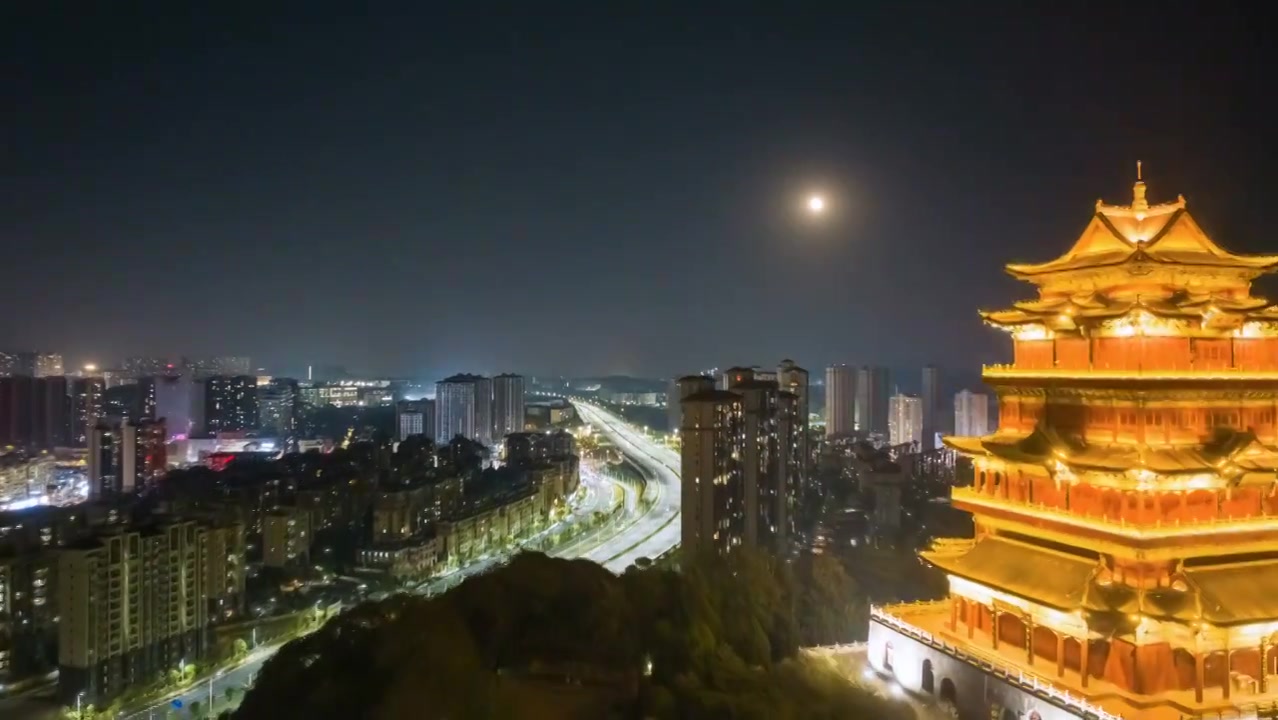 九江德化楼特写及城市快速路夜晚航拍延时视频素材