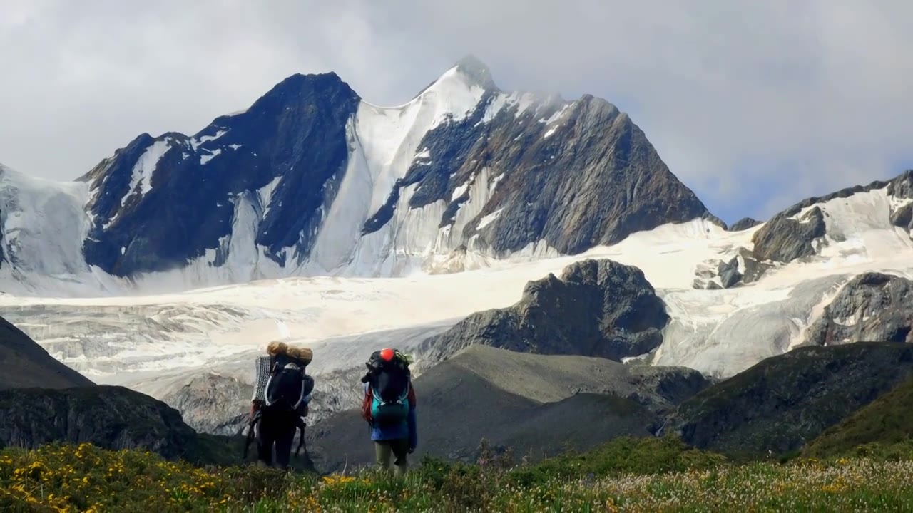 攀登阿沙贡格雪山的登山者徒步行走在花海中视频素材