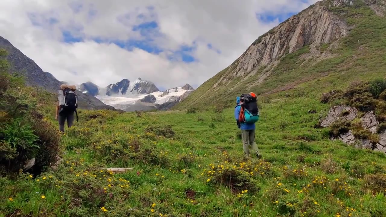 攀登阿沙贡格雪山的登山者徒步行走在花海中视频素材