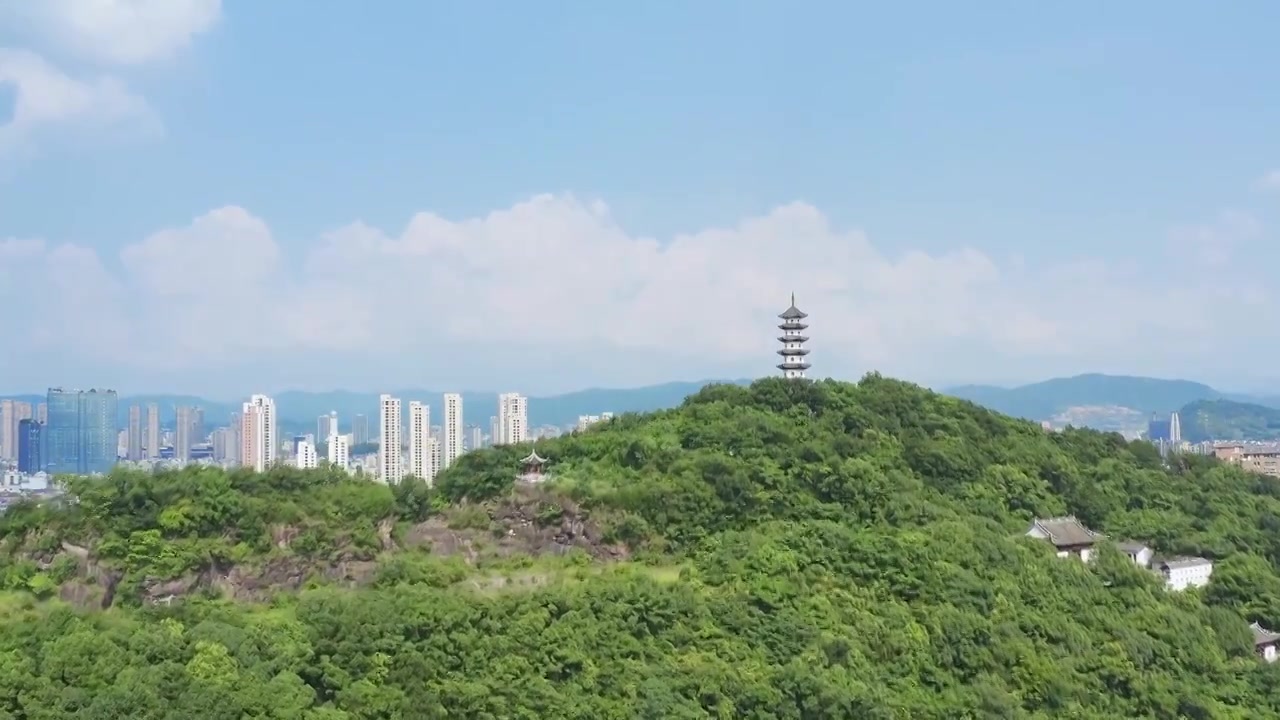 航拍诸暨西施故里旅游景区山顶金鸡塔视频素材