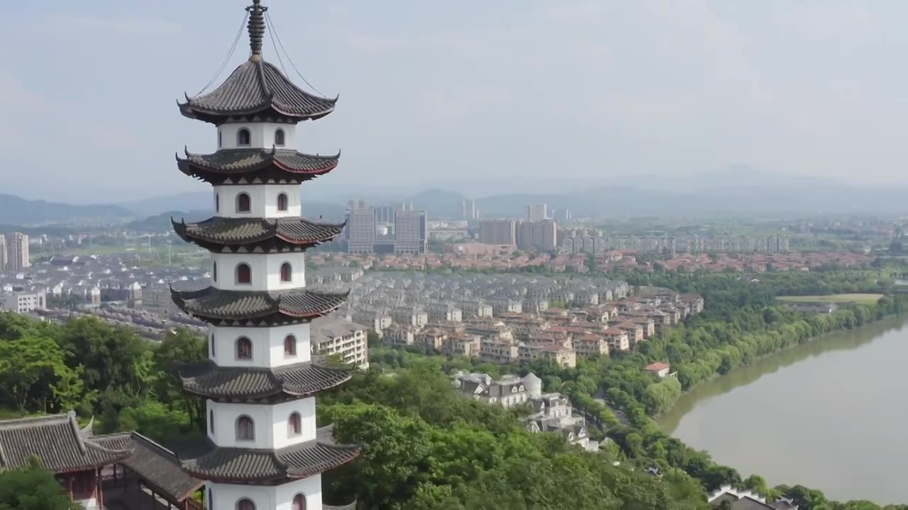 航拍诸暨西施故里旅游景区山顶金鸡塔视频素材