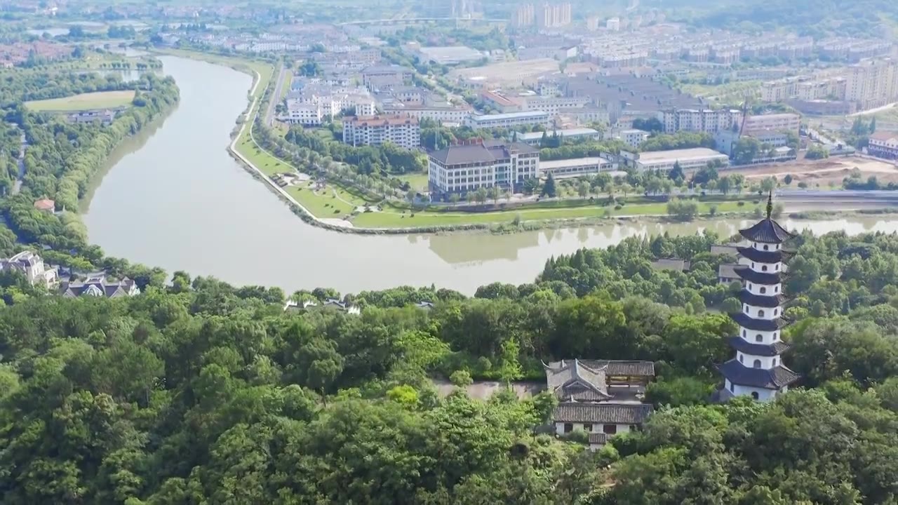 航拍诸暨西施故里旅游景区山顶金鸡塔视频素材