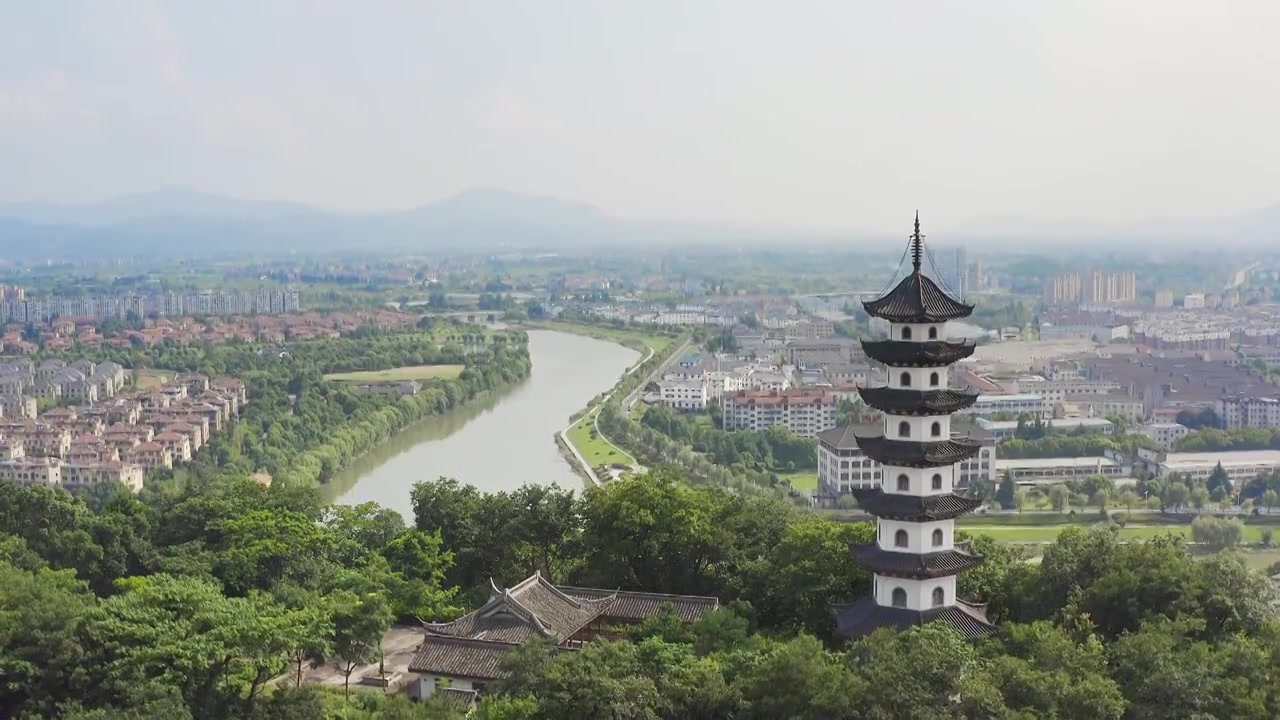 航拍诸暨西施故里旅游景区山顶金鸡塔视频素材