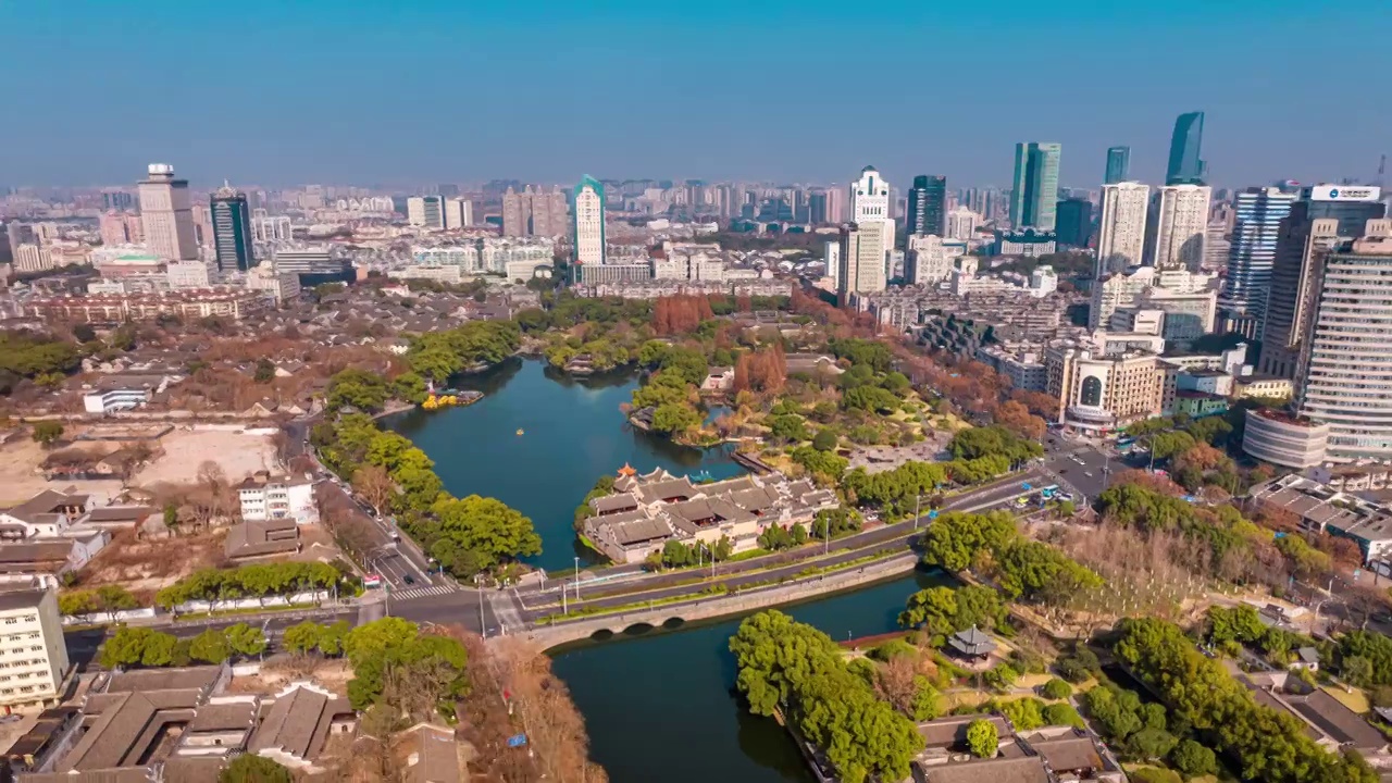 浙江宁波天一阁月湖公园城市风景航拍视频素材