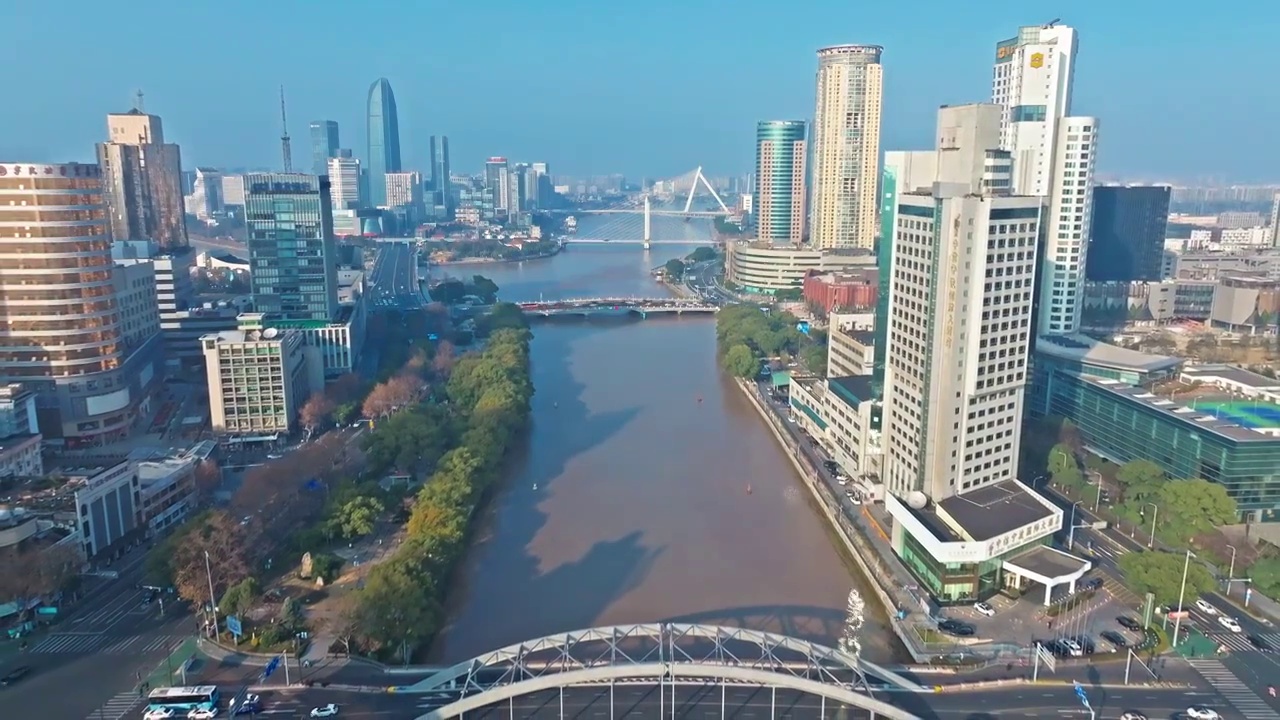 浙江省宁波城市河流风景建筑航拍视频素材