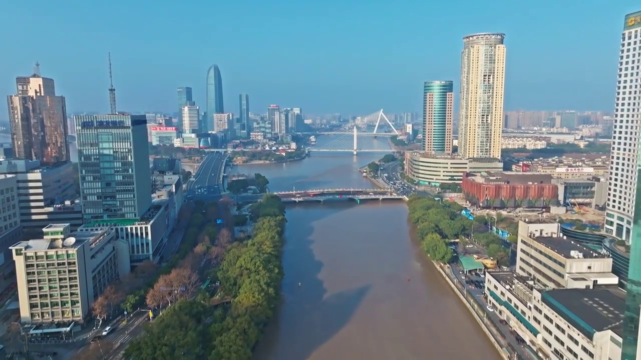 浙江省宁波城市河流风景建筑航拍视频素材