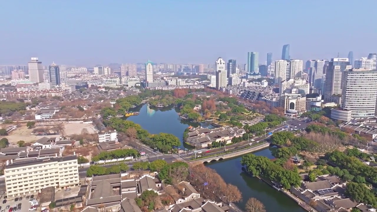 浙江宁波天一阁月湖公园城市风景航拍视频素材