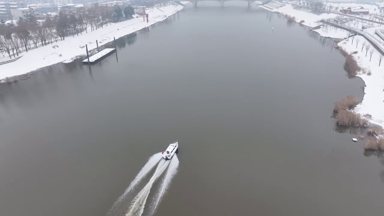 周口沙颍河湿地公园快艇雪景视频素材