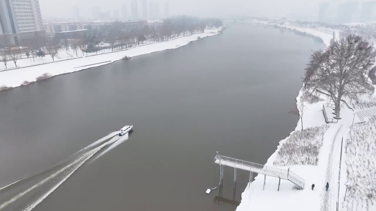 周口沙颍河湿地公园快艇雪景视频素材