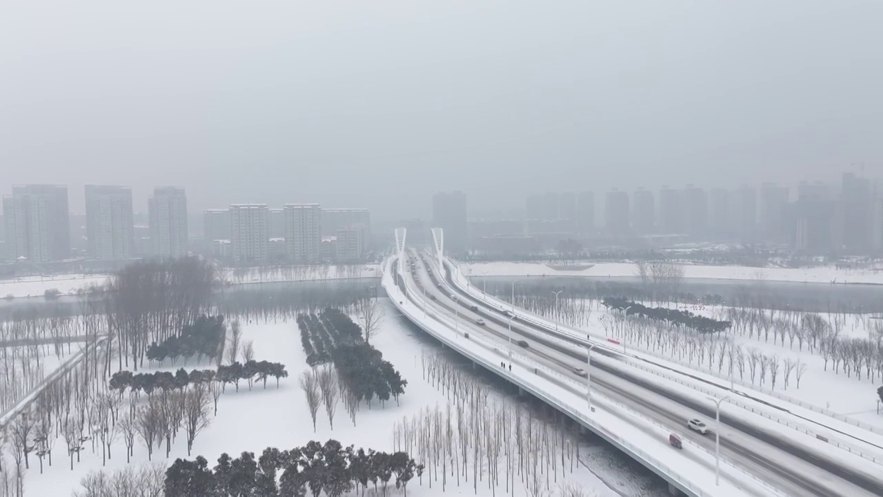 周口沙颍河湿地公园中原路桥段雪景视频素材