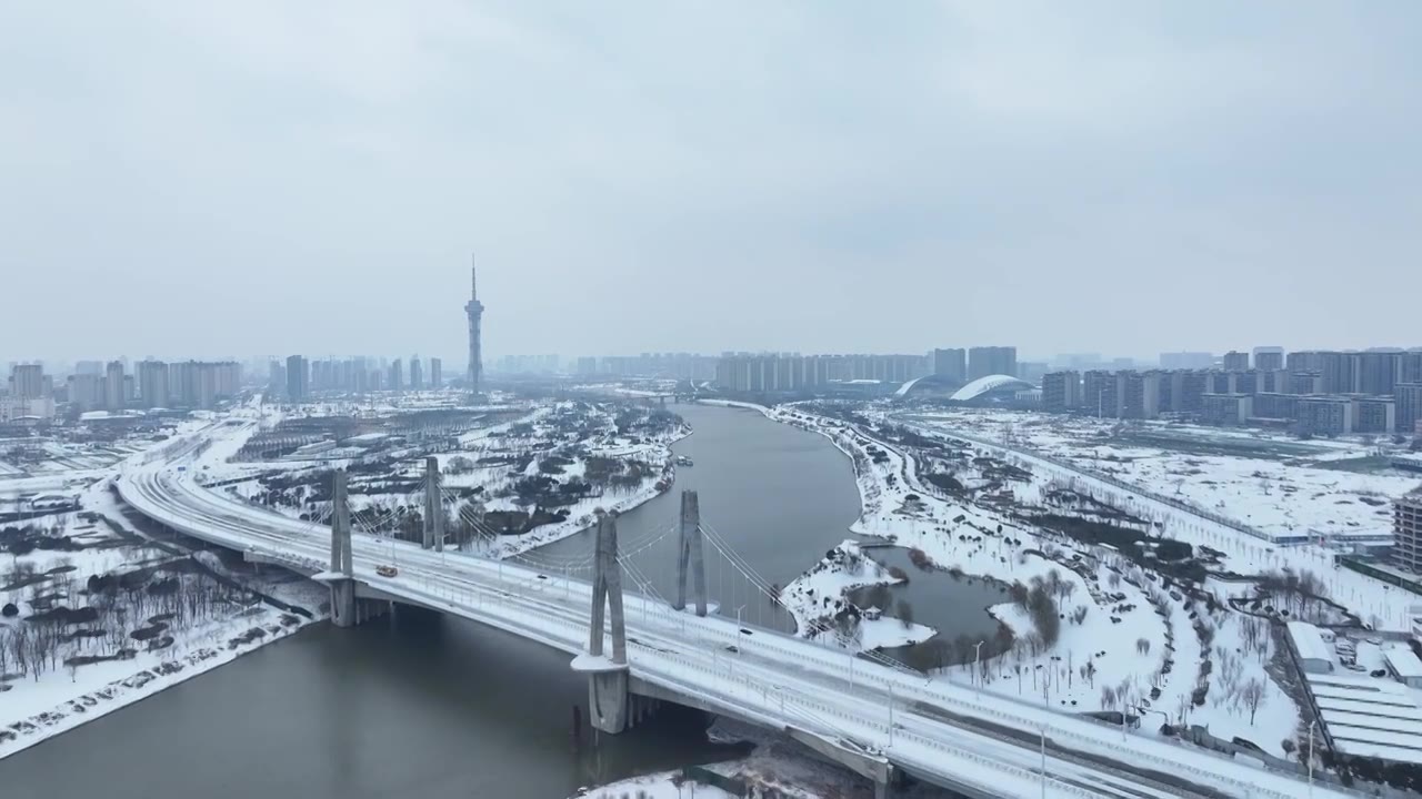 周口沙颍河七一路桥雪景视频素材