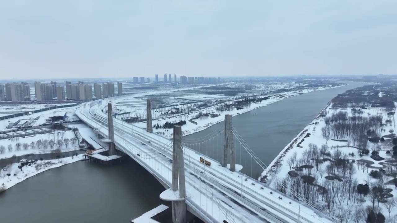 周口沙颍河七一路桥雪景视频素材