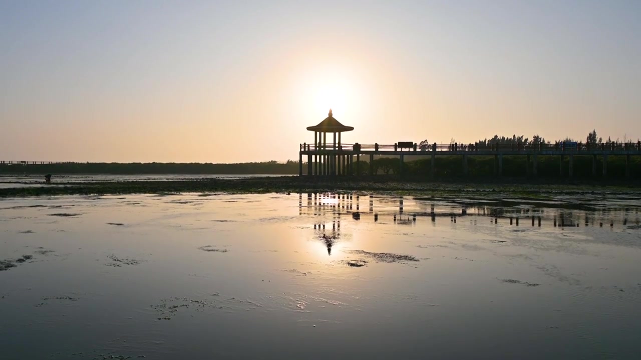 夕阳下海边退潮后滩涂与亭子剪影视频素材