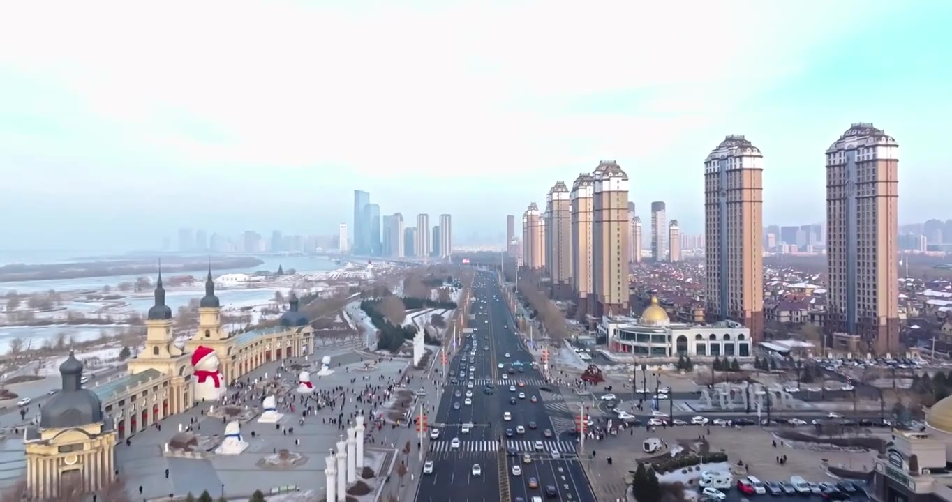 道里区，友谊西路，城市建筑与音乐公园航拍视频素材