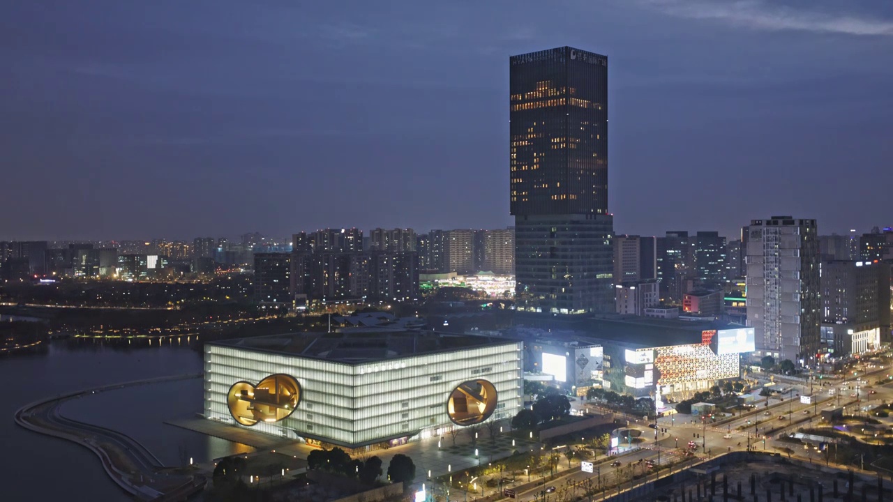 上海嘉定区嘉定新城建筑傍晚夜景视频素材