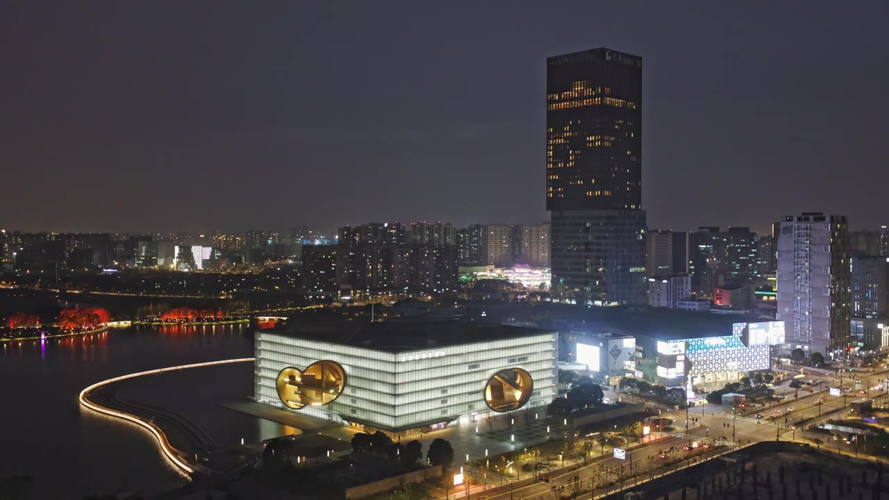 上海嘉定区嘉定新城建筑傍晚夜景视频素材