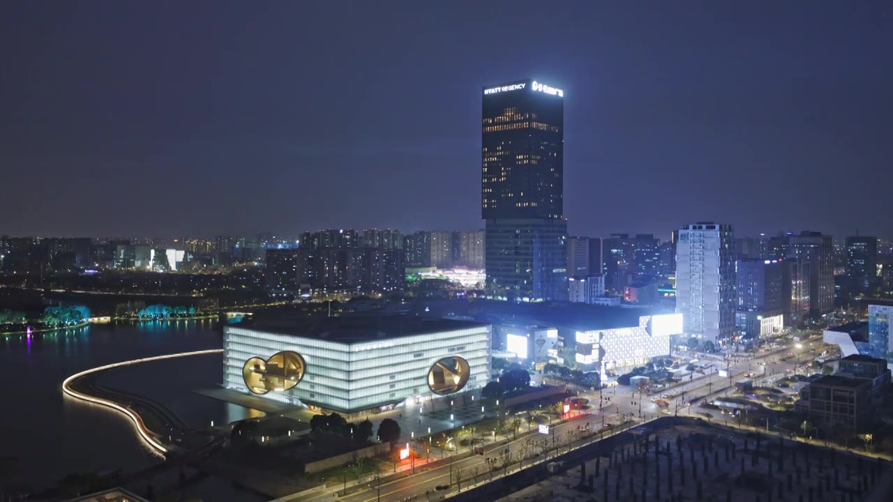 上海嘉定区嘉定新城建筑傍晚夜景视频素材