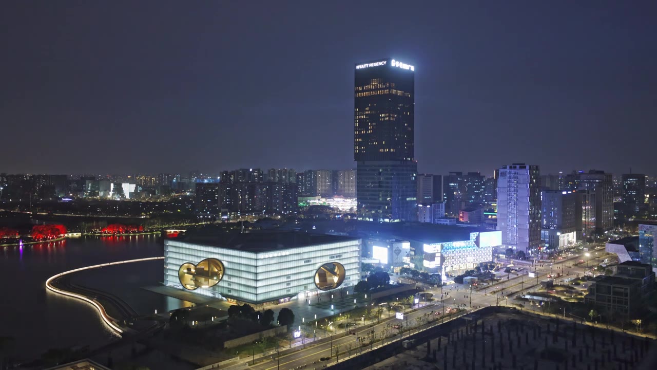 上海嘉定区嘉定新城建筑傍晚夜景视频素材