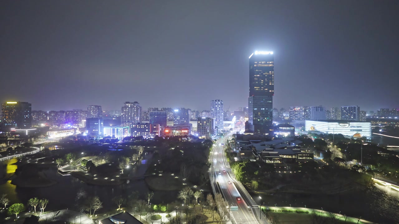 上海嘉定区嘉定新城建筑傍晚夜景视频素材