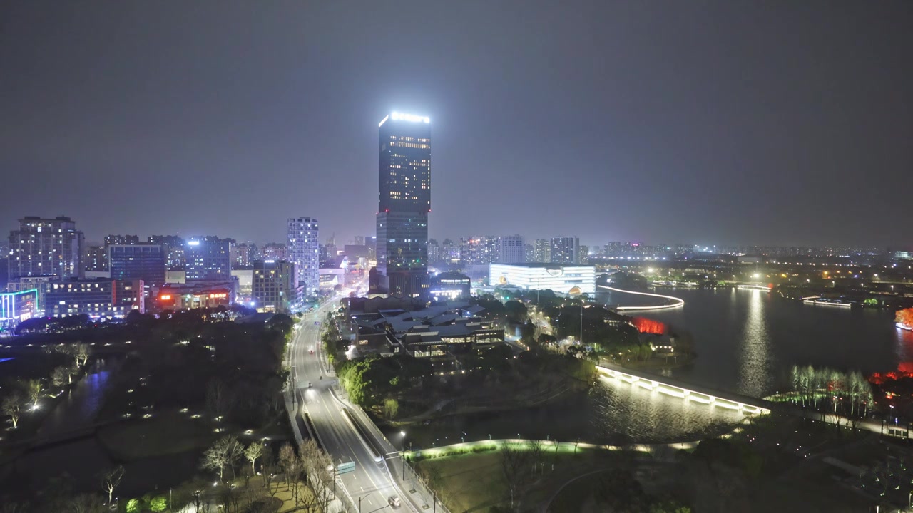 上海嘉定区嘉定新城建筑傍晚夜景视频素材