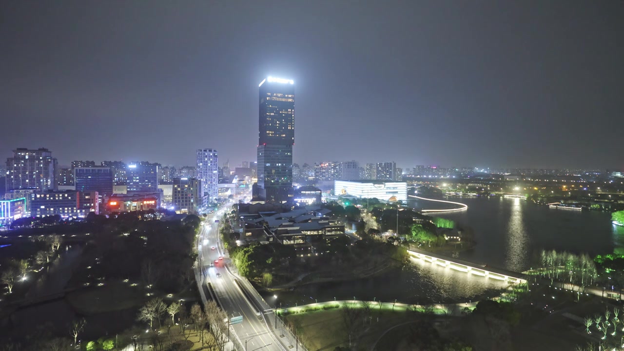 上海嘉定区嘉定新城建筑傍晚夜景视频素材