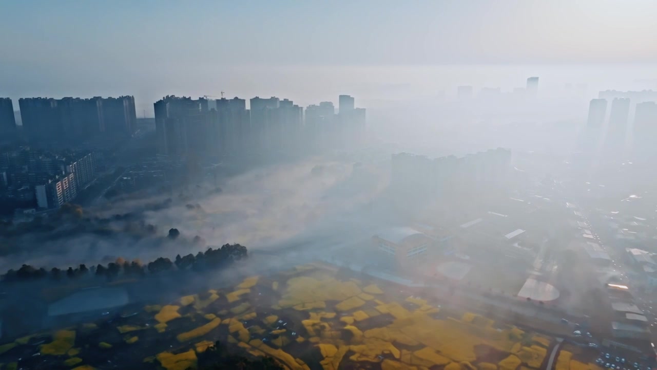 春天晨雾里的成都郫县城市风光视频素材