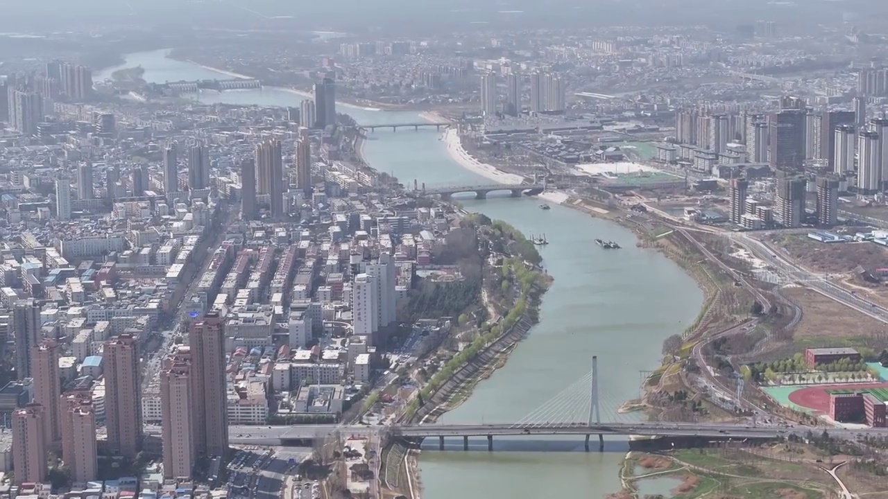 周口城区沙颍河流域高视角大场景视频素材