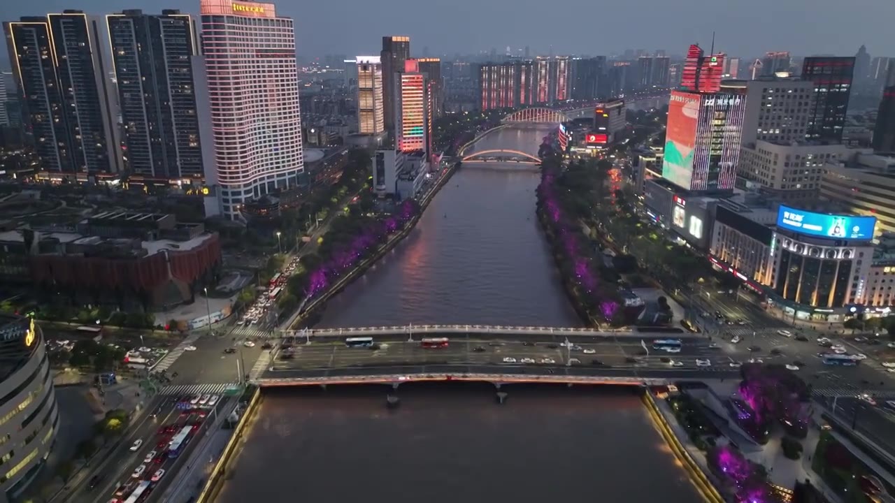 航拍浙江省宁波市奉化江两岸繁华城市夜景视频素材