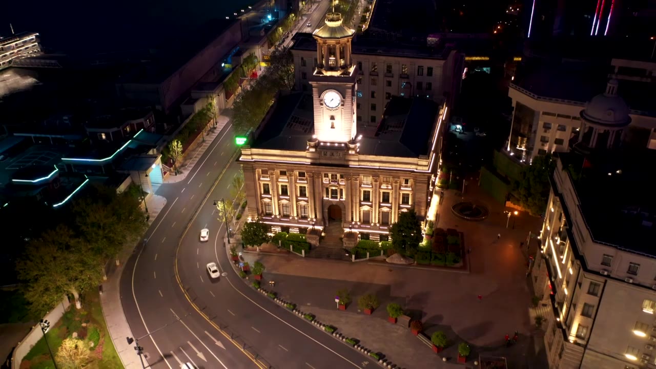 航拍武汉城市地标江汉关历史建筑夜景街景视频素材