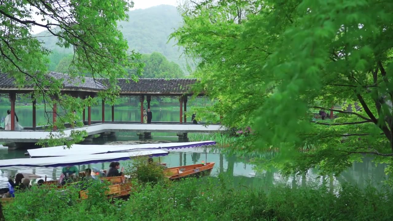 江南杭州西湖浴鹄湾春天阴雨天春雨中的手划船自然治愈风景慢镜视频素材