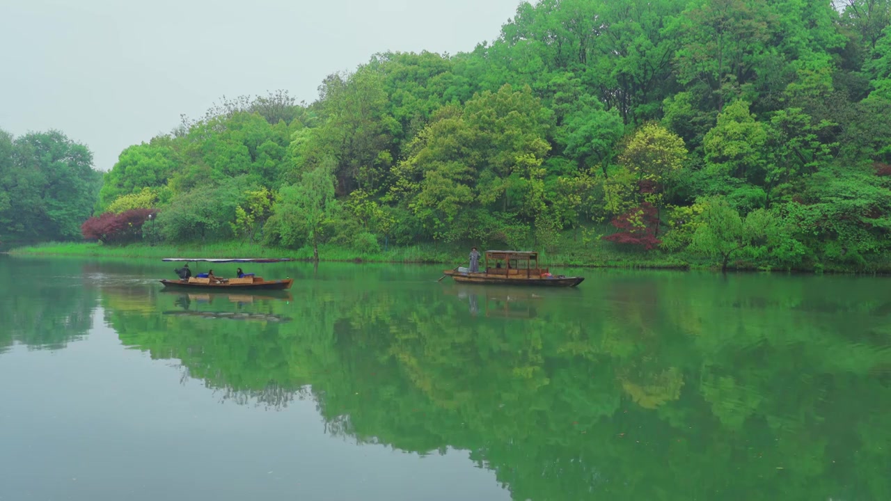 江南杭州西湖浴鹄湾春天阴雨天春雨中的手划船自然治愈风景视频素材