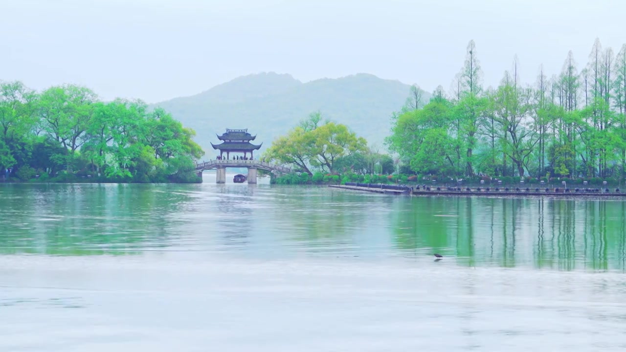 杭州西湖春天春雨中的跨虹桥江南山水自然风景视频素材