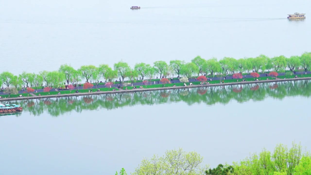 杭州西湖白堤断桥江南春天桃红柳绿自然治愈风景视频素材