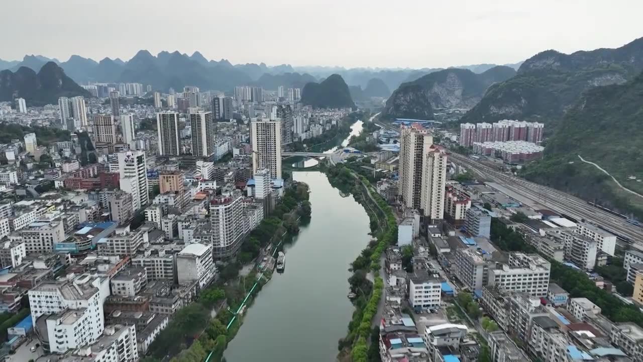 广西河池金城江区航拍素材少数民族县城地区视频素材