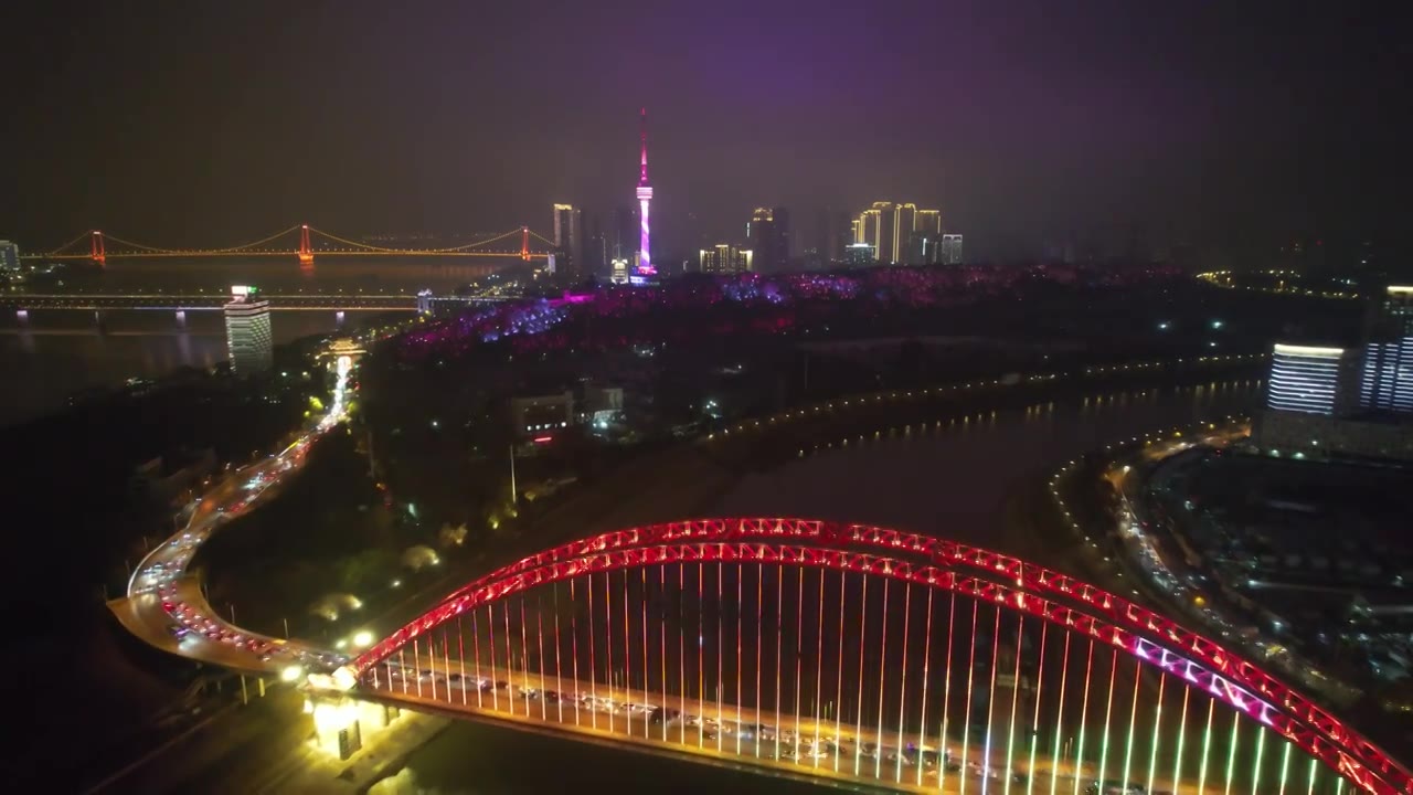 地标武汉汉阳汉江晴川桥夜景航拍视频视频素材