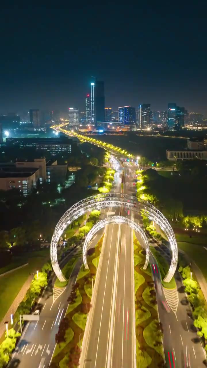 夜晚里的苏州工业园区星湖街与独墅湖大道的城市道路汽车车流航拍延时竖幅视频素材