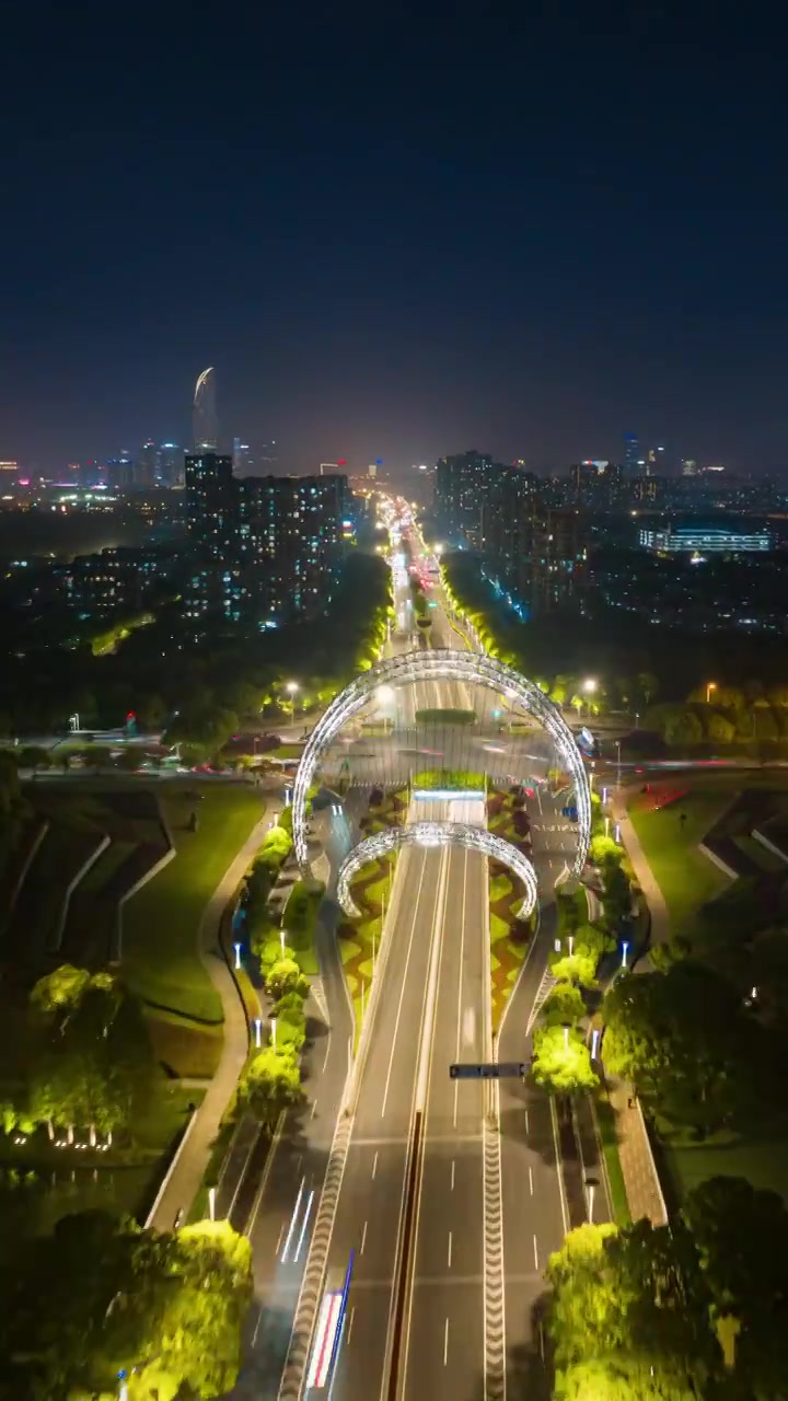 夜晚里的苏州工业园区星湖街与独墅湖大道的城市道路汽车车流航拍延时竖幅视频素材