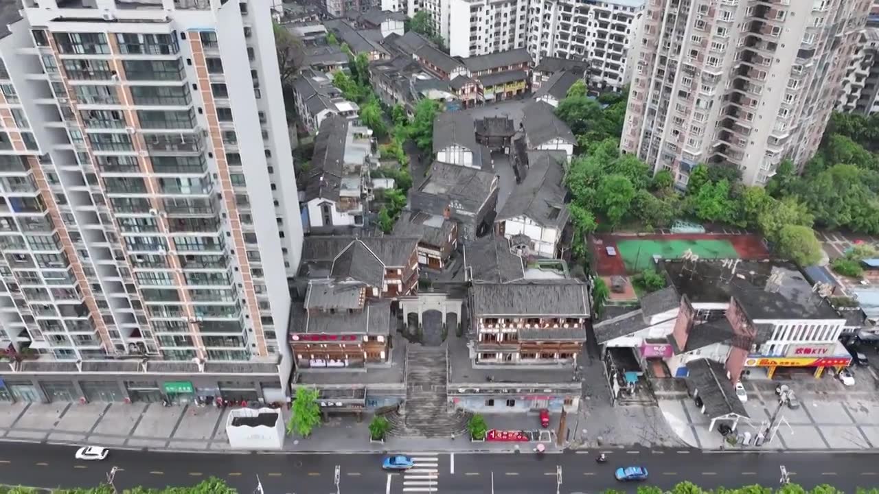 四川省内江市大佛寺东兴老街航拍视频素材