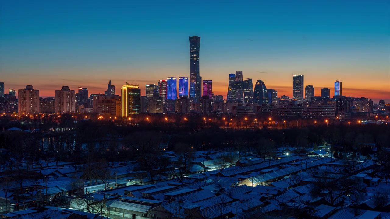 北京中国尊日落光影雪景视频素材