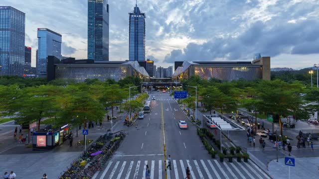 广东深圳图书馆音乐厅城市风光夜景4K延时视频素材