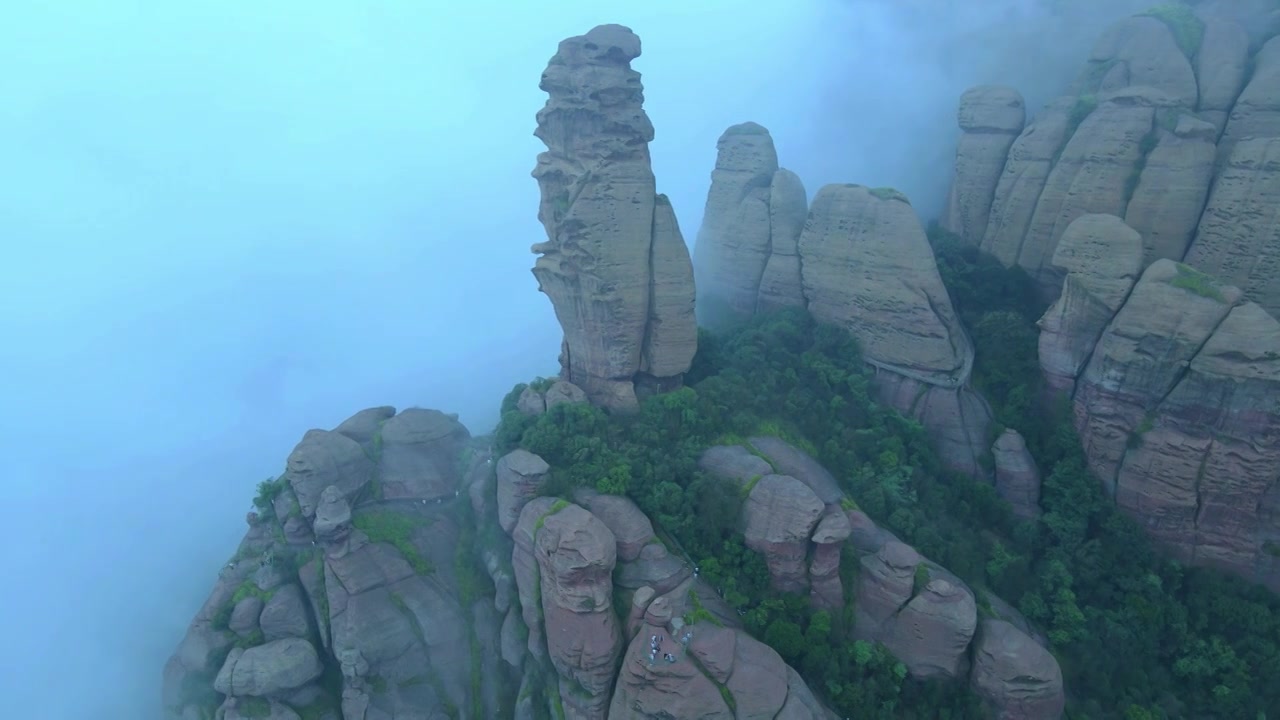 航拍雾中江西上饶弋阳龟峰景区丹霞地貌的石柱山体和森林视频素材